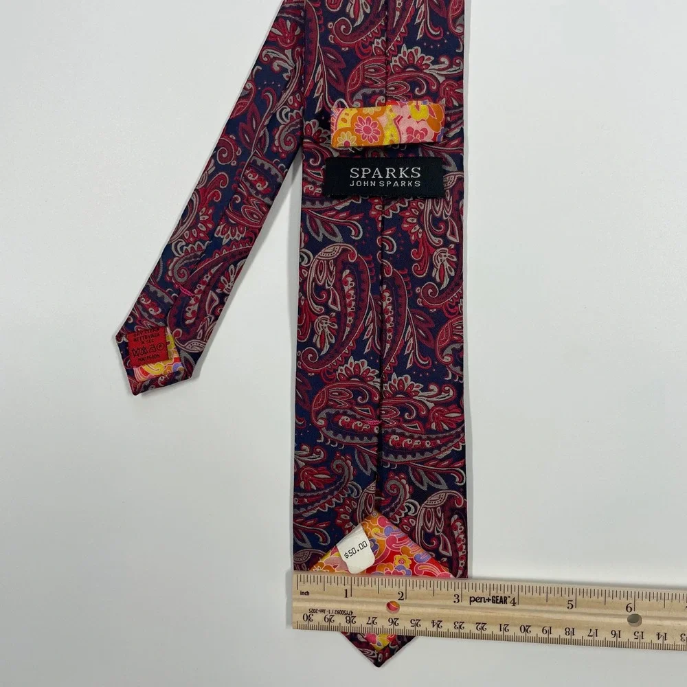 John Sparks Navy Red Paisley Silk Blend Classic Necktie Mens OS